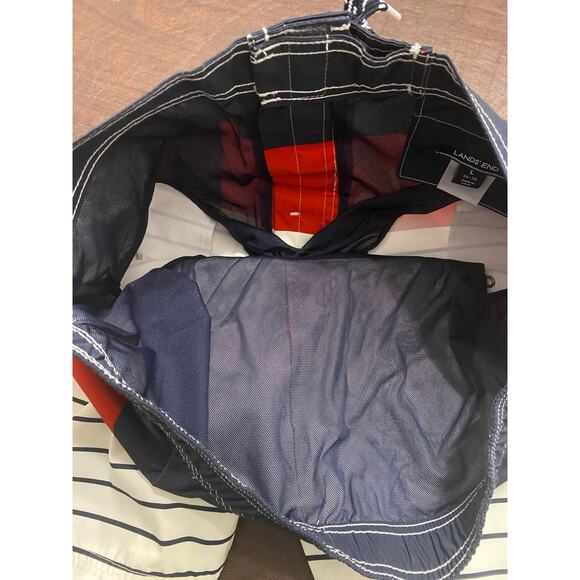 Lands End Red White Blue Stripe Swim Trunk Shorts Pockets Built-in Brief Large - Picture 6 of 11